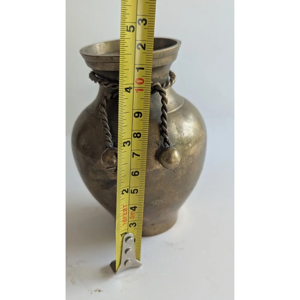 Vintage Brass Bud Vase with Twisted Rope Accent and Sphere Finials Patina 4.75